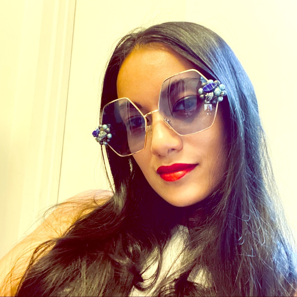 70s style blue tinted embellished sunglasses